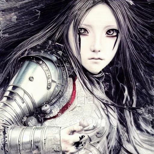 Image similar to Yoshitaka Amano realistic illustration of an anime girl with black eyes, wavy white hair fluttering in the wind and cracks on her face wearing Elden ring armour with engraving, abstract black and white patterns on the background, noisy film grain effect, highly detailed, Renaissance oil painting, weird portrait angle, blurred lost edges, three quarter view