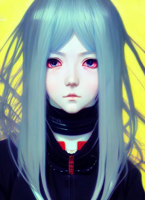 Image similar to portrait Anime girl cyberpunk, cute-fine-face, white-hair pretty face, realistic shaded Perfect face, fine details. Anime, cyberpunk. realistic shaded lighting by Ilya Kuvshinov and Gustav Klimt