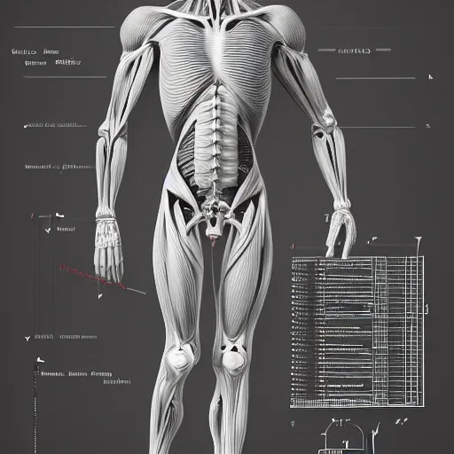 Prompt: A concept of a detailed and intricate design of a full body of human anatomy, 3d design, occlusion, great finesse organic hyper detailed, engineering blueprints, technical drawings, calculus, stained paper, hyperrealistic, ultra detailed, 4K, octane render, unreal engine