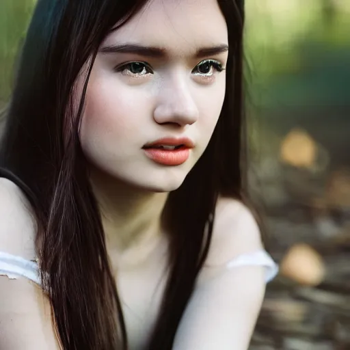 Prompt: real life photo of a beautiful girl, full body photoshoot, long black hair, full round face, short smile, brown shirt, forest setting, cinematic lightning, medium shot, mid - shot, highly detailed, trending on artstation, iso 2 0 0, f 1. 4, 8 0 mm, 8 5 mm, natural light