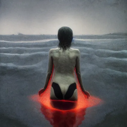 Image similar to shore of the lake, woman, wrapped around by tubes, heavy rain, bones, short black curly hair, glowing red, by edgar maxence and ross tran, zdzisław beksinski, un and michael whelan, distant, gustav dore, h. r. giger, 8 k, octane render