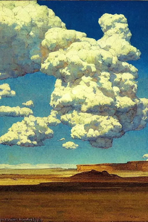 Prompt: towering cumulonimbus clouds looming over a mesa in a sunny western landscape by howard pyle by nc wyeth by frederic remington