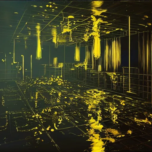 Prompt: realistic painting of a dark foggy sci-fi laboratory at night, with a zombie made of guts and veins, dripping golden shiny metalic fluid from ribcage to the floor. liquid shiny pool of gold on the floor.