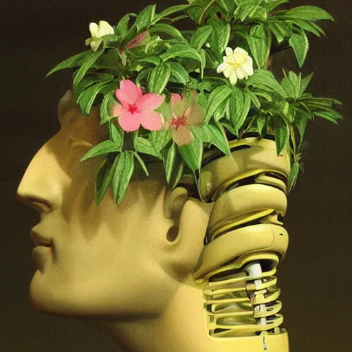 Image similar to a painting by Thomas Cole of a vaporwave robot head with flowers growing out, highly detailed 3d rendering from 1996