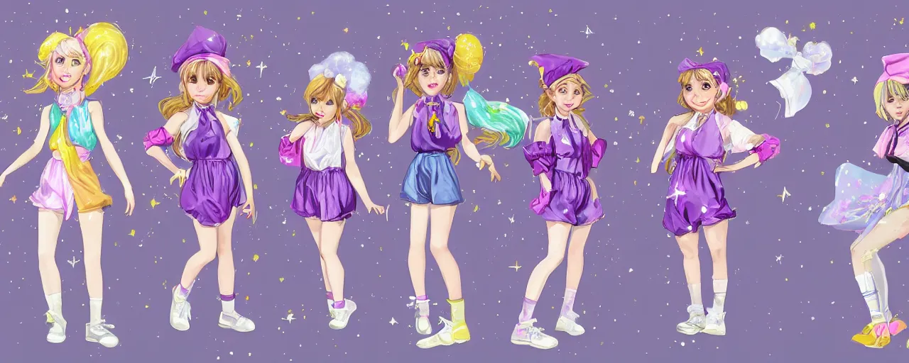 Image similar to A character sheet of full body cute magical girls who look like Emma Watson with short blond hair wearing an oversized purple Beret, Purple overall shorts, Short Puffy pants made of silk, pointy jester shoes, a big billowy scarf, and white leggings. Rainbow accessories all over. Flowing fabric. Covered in stars. Short Hair. Art by Johannes Helgeson and william-adolphe bouguereau and Paul Delaroche and Alexandre Cabanel and Lawrence Alma-Tadema and WLOP and Artgerm and Shoichi Aoki. Fashion Photography. Decora Fashion. harajuku street fashion. Kawaii Design. Intricate, elegant, Highly Detailed. Smooth, Sharp Focus, Illustration Photo real. realistic. Hyper Realistic. Sunlit. Moonlight. Dreamlike. Fantasy Concept Art. Surrounded by clouds. 4K. UHD. Denoise.