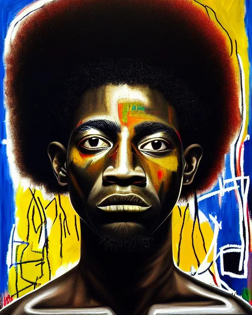 Image similar to A extremely ultra highly detailed majestic hi-res beautiful immaculate head and shoulders award winning painting stunning masterpiece of the face of a strong black african warrior man with an afro by Jean-Michel Basquiat, 8k, high textures, ultra hyper sharp, insanely detailed and intricate, super detailed, 8k HDR ultra high quality