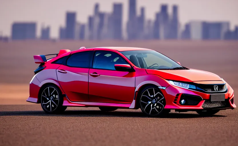 Image similar to photograph of a cell-shaded Honda Civic EK9 Type-R, surrounded by desert with a futuristic city in the horizon, sigma 85mm f/1.4, 4k, depth of field, high resolution, 4k, 8k, hd, full color