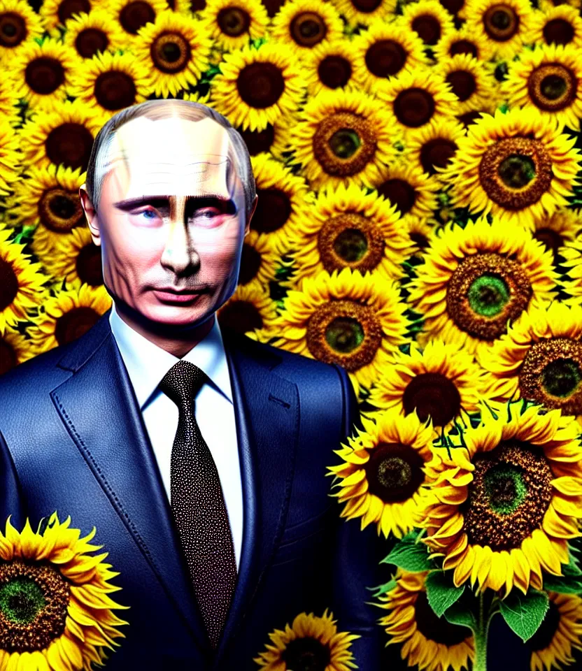 Image similar to photo portrait of Vladimir Putin - sunflowers - dressed in leisure suit with sunflower pattern and tombstone for a tie, natural skin tone, highly detailed realistic flowers ornament on suit, facial wrinkles and brows are intricate with highly detailed realistic flowers, elegant, Realistic, Refined, Highly Detailed, natural soft pastel lighting colors scheme, fine art photography by Cecil Beaton, volumetric lighting, hyper realistic photography