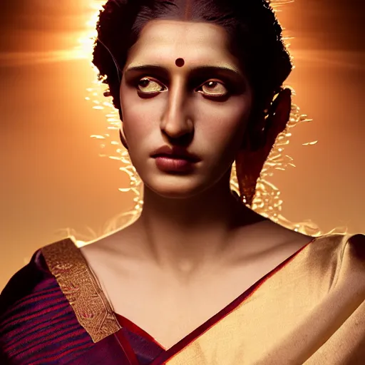 Image similar to photographic portrait of a stunningly beautiful renaissance female in traditional sari dress, white irises and dark eye makeup, in soft dreamy light at sunset, god rays, contemporary fashion shoot, by edward robert hughes, annie leibovitz and steve mccurry, david lazar, jimmy nelsson, extremely detailed, hyperrealistic, perfect face, octane render