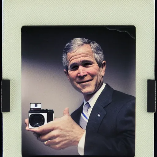 Image similar to polaroid of George W. Bush wearing a black hoodie holding a handgun sitting on a curb in the bronx, 8k, very intricate, very detailed,