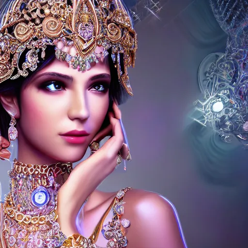 Image similar to portrait of pretty princess with perfect skin, glowing, ornate and intricate sapphire jewelry, jaw dropping beauty, glowing backdrop, white accent lighting, hyper detailed, 4 k octane render