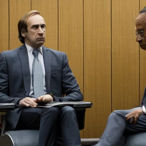 Prompt: saul goodman and gus fring sitting in a courtroom