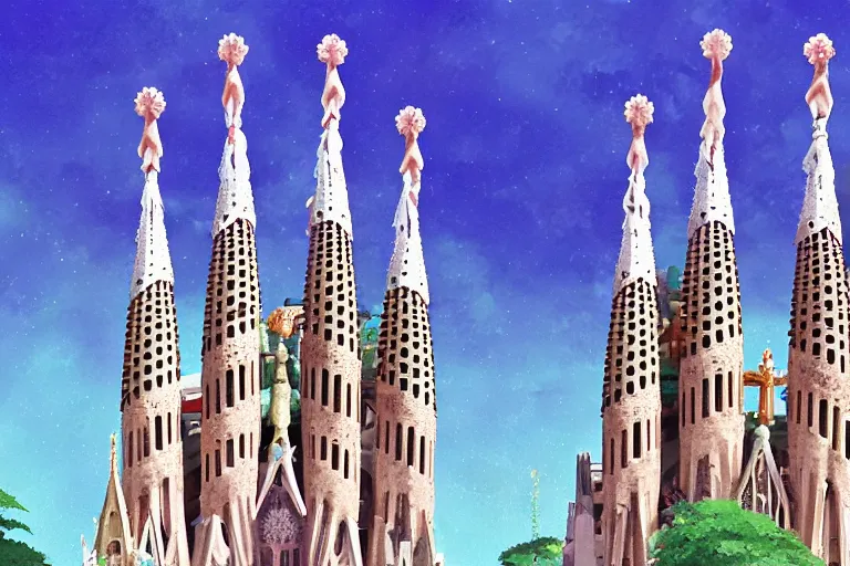 Image similar to basilica de la sagrada familia. 4 k digital paint by studio ghibli hayao miyazaki. very sharp and detailed. trending on artstation and behance.