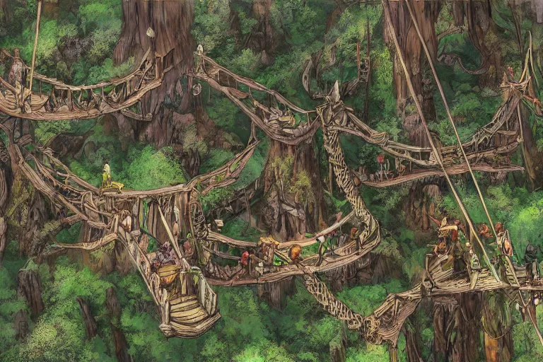 Image similar to a concealed wood elf village suspended high up in the redwood tree canopies, connected by rope bridges, fantasy setting, dense vegetation, very detailed, d & d concept art, 4 k