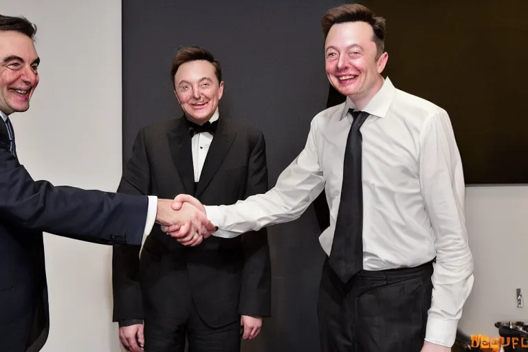 Prompt: mrbean shaking hands with elon musk