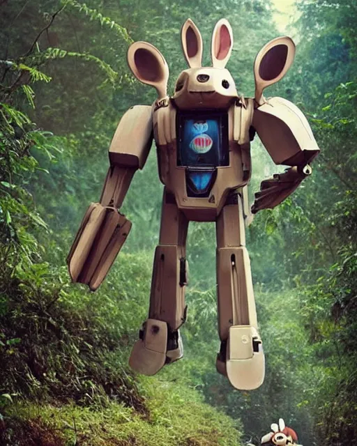 Image similar to epic chase!!!giant oversized battle rabbit robot chubby fat mech with big ears as battle mecha rabbit robot weapon fiat 126p , in jungle forest !!! , full body , Cinematic focus, Polaroid photo, vintage , neutral dull colors, foggy mist ,by oleg oprisco , by victor enrich , by gregory crewdson , by discovery channel