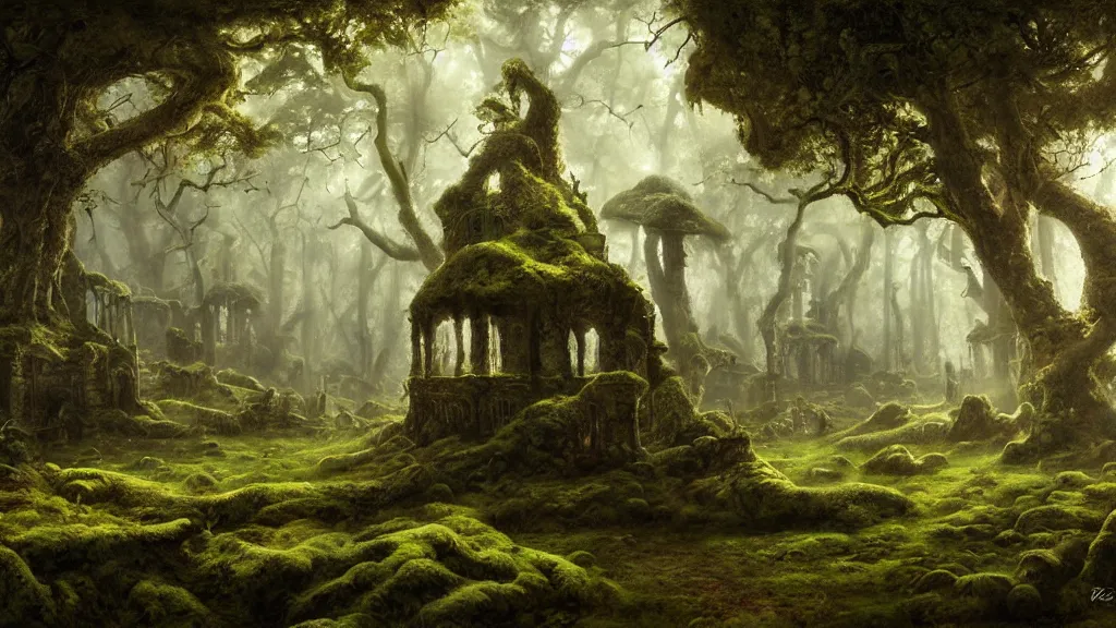 Prompt: moss - covered ruins of a castle in a forest, giant mushrooms, giant oak trees, mist, dramatic light, morning light, serene, mysterious, hyperrealistic art, airbrush art, baroque art, fantasy art, highly detailed, by petri ala - maunus, by frank frazetta
