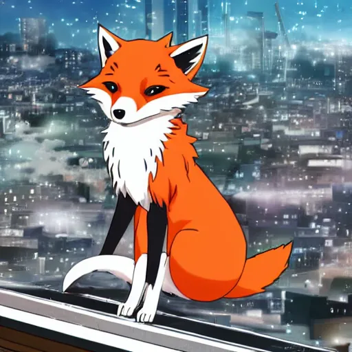 Prompt: key anime visual of an anthropomorphic fox, wearing a tuxedo on a city rooftop at sunrise, modern anime style, official anime still