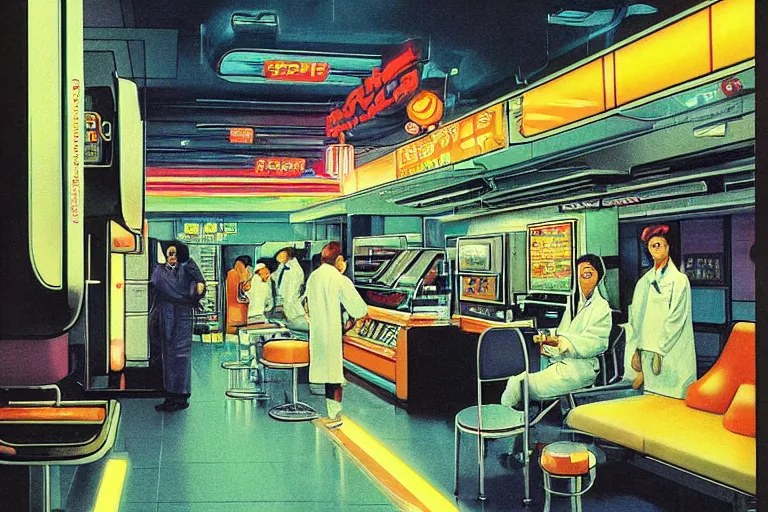 Image similar to 1 9 7 9 omni magazine cover depicting a surgical suite inside of a mcdonald's in neo - tokyo. in the style of bladerunner concept art by syd mead