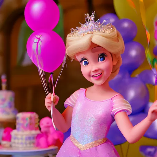 Prompt: a closeup photorealistic photograph of disney princess sophia at her birthday with balloons and cake. brightly lit scene. this 4 k hd image is trending on artstation, featured on behance, well - rendered, extra crisp, features intricate detail, epic composition and the style of unreal engine.