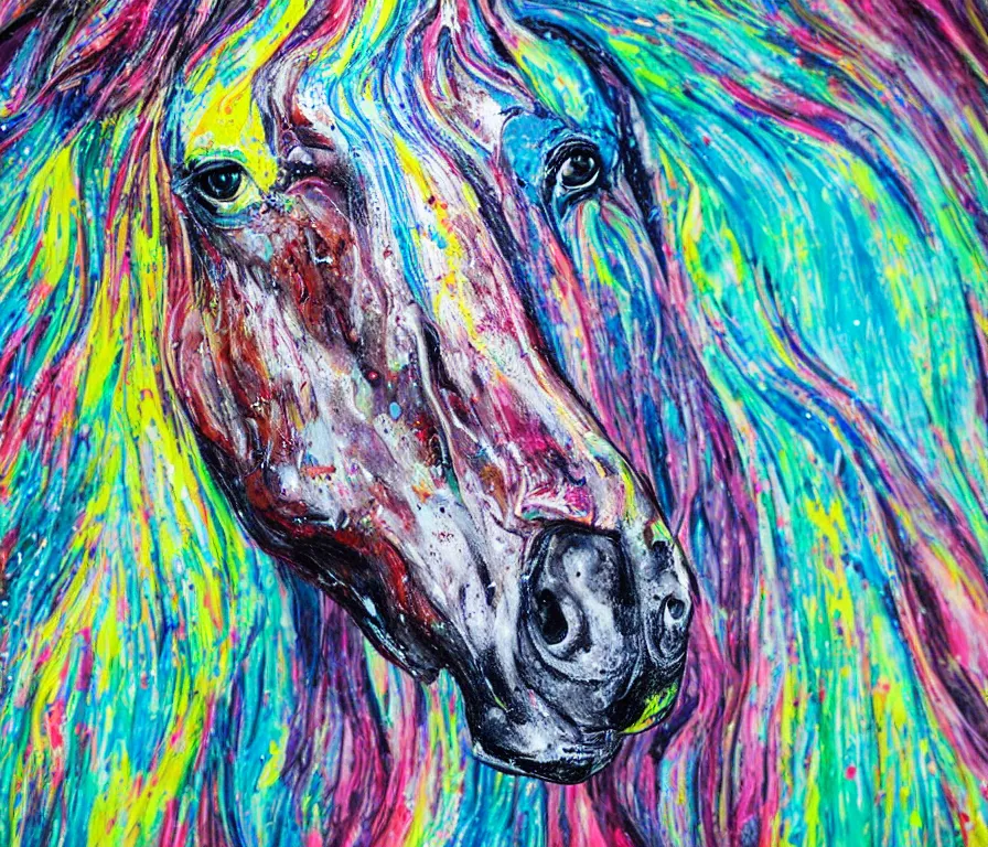 Image similar to still shot close up footage of the portrait of a horse head made of acrylic pour and coloured powder explosion and splashing paint and dripping paint and flying paint chunks, motion blur, hyperrealistic, medical, intricate art photography, anatomically correct, realistic crisp textures, 1 6 k