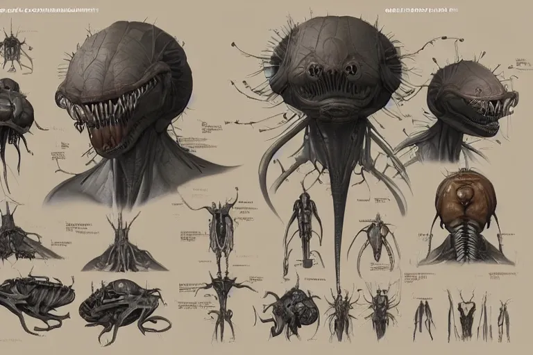 Image similar to schematic diagram of alien boss, biology, book, page, detailed, cross section, trending on artstation, cgsociety, Ralph McQuarrie and Greg Rutkowski