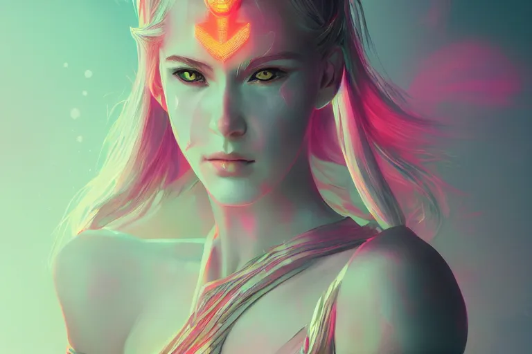 Prompt: photo of goddes (of war) in (((neon lighting)) DISPACEMENTS, elegant, highly detailed, smooth, sharp focus, illustration, beautiful, geometric, trending on artstation, cinematic, artwork by WLOP