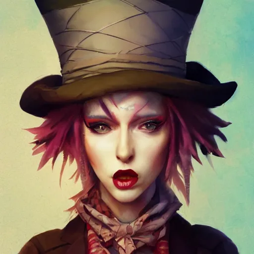 Prompt: realistic, full body portrait, attractive punk female mad hatter, by Jordan Grimmer and greg rutkowski, crisp lines and color,