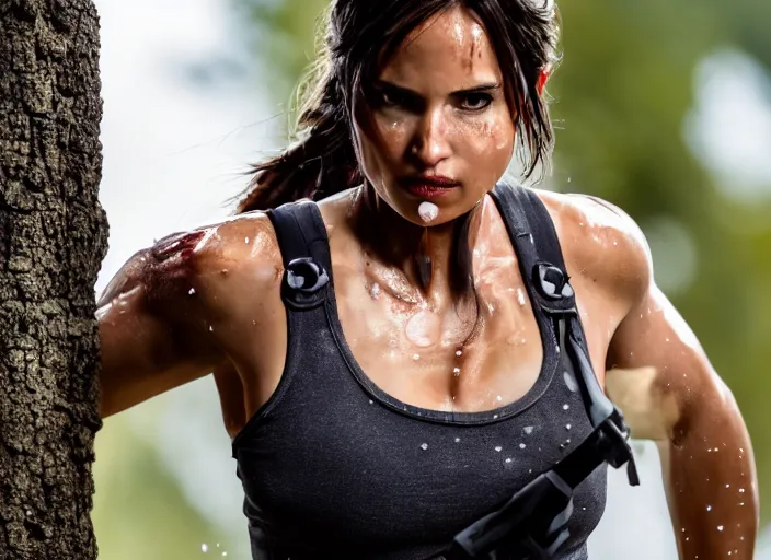 Prompt: wide dslr photo still of lara croft, her face flushing and sweat, 8 k, 8 5 mm f 1. 4