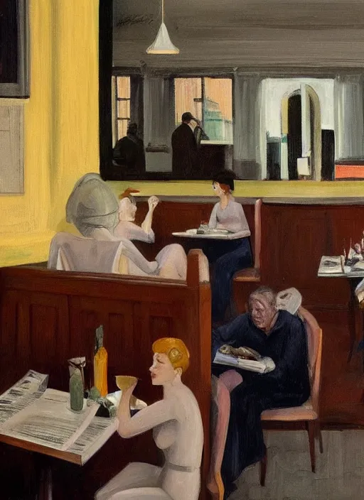 Prompt: Anthony Hopkins reading newspaper at the restaurant packed with women that look like Gal Gadot in the style of Francis Bacon and Frank Lloyd Wright, art deco interior, skylight open ceiling, highly detailed, painted by Edward Hopper, painted by James Gilleard