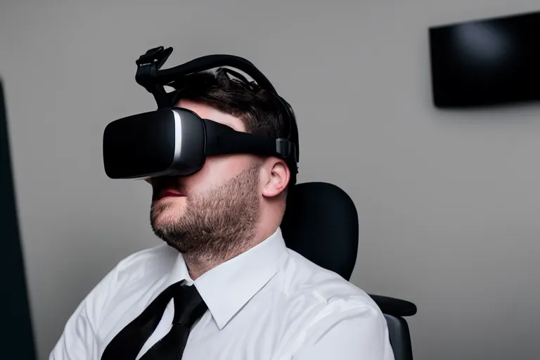 Image similar to clean - shaven chubby white man wearing white dress shirt, necktie, and dress pants wearing a vr headset. he look mesmerized. iq 4, f / 1. 4, iso 2 0 0, 1 / 1 6 0 s, 8 k, raw, dramatic lighting, symmetrical balance, in - frame