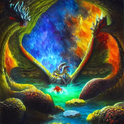 Image similar to highly detailed oil painting of a colorful hotspring within dark cavern, dragon sitting in the middle