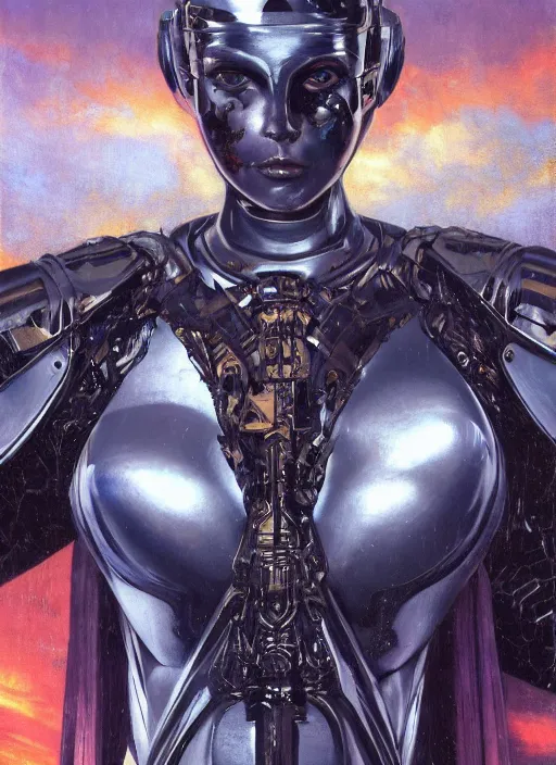 Image similar to a biblical diabolical beautiful female android, hawk, shiny hi - tech armor, dynamic pose, splashing, heavy eyes to the side, closeup, bright glowing veins, in clouds, rain, sunset, portrait, by gerald brom, by mikhail vrubel, by peter elson, muted colors, extreme detail, reflections, trending on artstation, 8 k