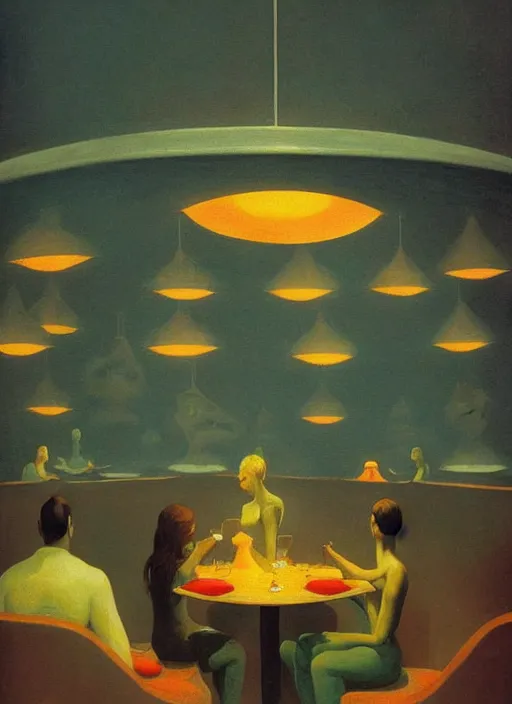 Prompt: spherical lava people at underwater restaurant Edward Hopper and James Gilleard, Zdzislaw Beksinski highly detailed