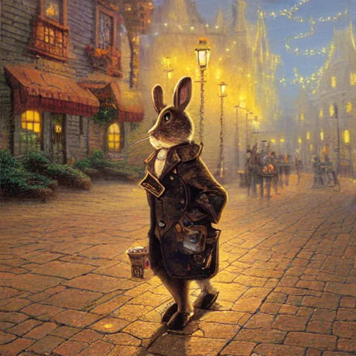 Prompt: a beautiful painting of a steampunk rabbit standing his back legs on a street paved with cobblestones and warm streetlights, by Thomas Kinkade