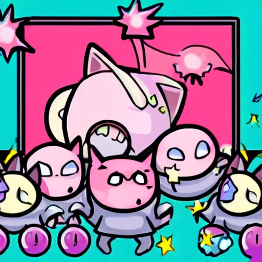 Prompt: jigglypuff in hell fighting demon hordes with a machine gun