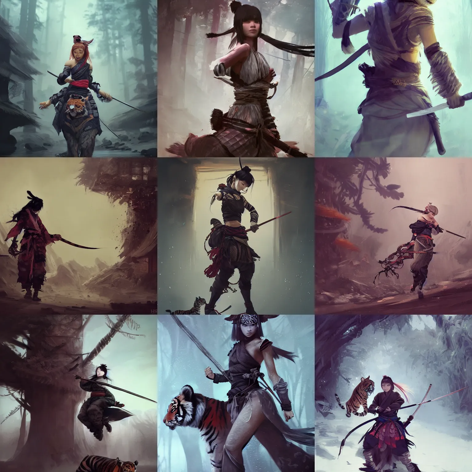 Prompt: beautiful girl with a pet tiger : : concept art, ninja garb, warrior, feudal era japan setting, style of ilya kushinov, style of jeremy mann, style of james jean, unreal engine 5, 4 k, perfect composition, ninja tekkon, ninja hakama, fantasy, surreal, beautiful, epic