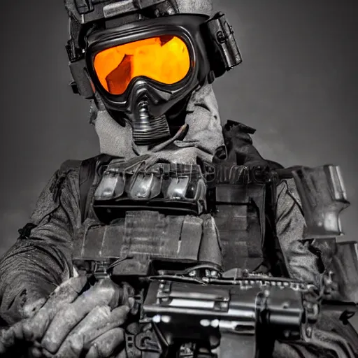 Image similar to portrait of a burning head swat agent with a tactical helmet and goggles holding a machine gun, centered, at night, mid shot, editorial photography