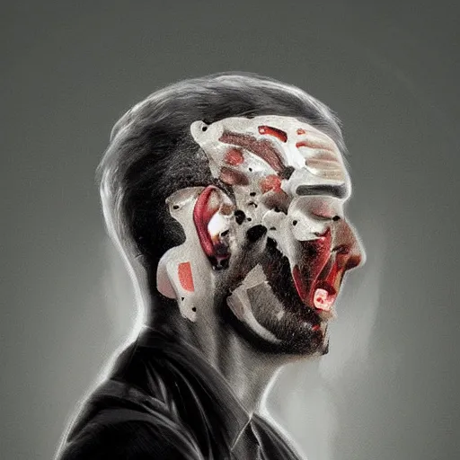 Prompt: A man peeling his face to show his skull, artstation, digital art