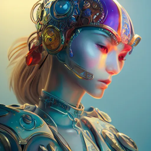 Image similar to studio portrait of lawful good colorful female holy mecha paladin absurdly beautiful, elegant, young sensual graceful woman, ultrafine hyperrealistic detailed face illustration by kim jung gi, irakli nadar, intricate linework, sharp focus, bright colors, matte, octopath traveler, final fantasy, unreal engine highly rendered, global illumination, radiant light, intricate environment