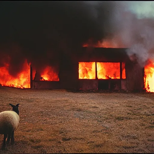 Prompt: a sheep in front of a burning house, cinestill 800t 15mm