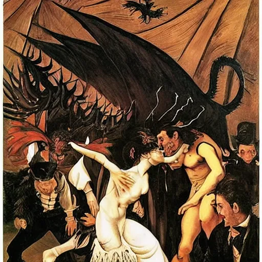 Prompt: A beautiful illustration of a large, dragon-like creature with sharp teeth, talons, and a long tail. The creature is looming over a small group of people who appear to be in distress. Moulin Rouge! by Caravaggio, by Gerhard Munthe frightful