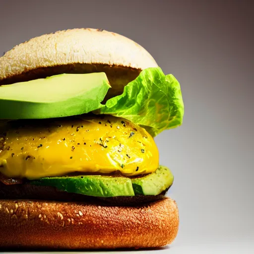 Prompt: juicy vegan hamburger topped with avocado and onion and a vegan fried egg, little chicken head inside the hamburger, crispy buns, 8 k resolution, professional food photography, studio lighting, sharp focus, hyper - detailed