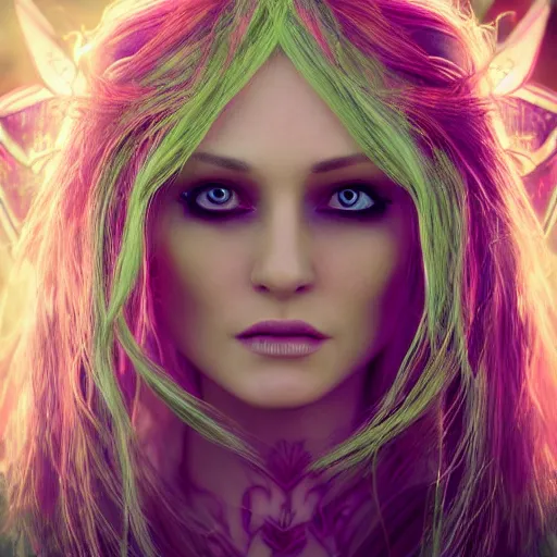 Prompt: a beautiful female human warlock portrait, focus on face, sharply focussed, brightly colored, dress, long blonde hair, fairy, fae, fantasy, medieval, still, photograph, highly detailed, trending on artstation