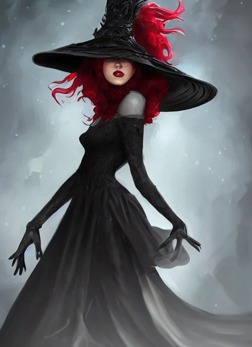 Image similar to a highly detailed illustration of tall beautiful red haired lady wearing black noir dress and black sun hat, dramatic smile pose, perfect face, perfect body, perfect eyes, intricate, elegant, highly detailed, centered, digital painting, artstation, concept art, smooth, sharp focus, league of legends concept art, wlop.