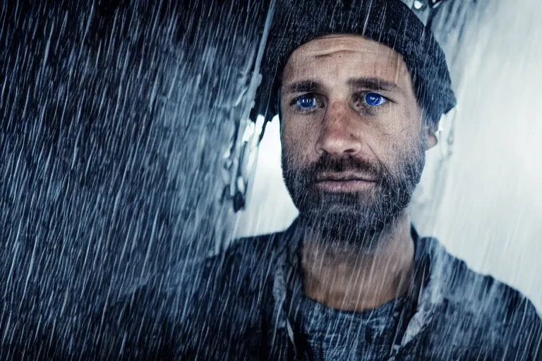 Prompt: a cinematic headshot photograph of a beautiful homeless war veteran, stood in a tunnel, rain, film still, cinematic, dramatic lighting, blue color theme, by zack snyder