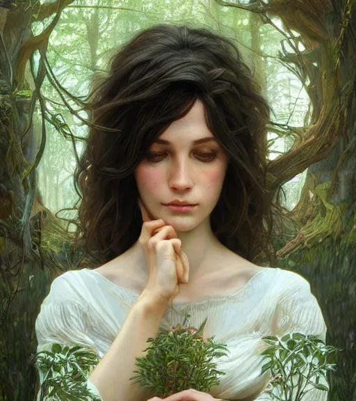 Image similar to beautiful cottagecore brunette woman, intricate, magical forest, stunning, highly detailed, digital painting, artstation, concept art, smooth, sharp, focus, illustration, art by artgerm and greg rutkowski and alphonse mucha