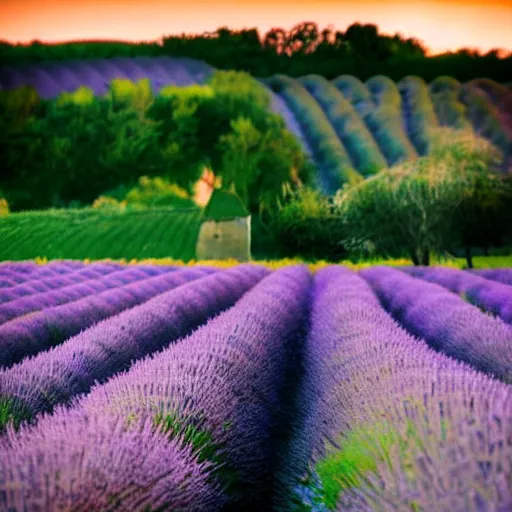 Image similar to lavender field in provence at sunset with a cat sitting in foreground