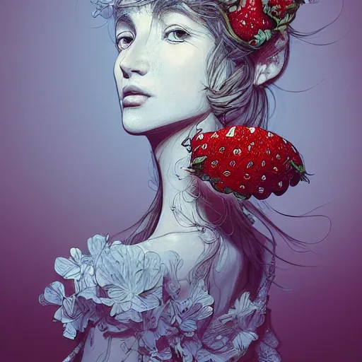 Image similar to the portrait of an absurdly beautiful, graceful, elegant, sophisticated, fashionable woman made of strawberries and white petals looking down, an ultrafine hyperdetailed illustration by kim jung gi, irakli nadar, intricate linework, bright colors, octopath traveler, final fantasy, unreal engine 5 highly rendered, global illumination, radiant light, detailed and intricate environment