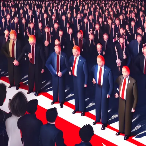 Image similar to hyper - realistic photo of donald trump standing in a line looking towards a bright communist future, volume shadows, 8 k, octane perfectly detailed rendering, extremely hyper detailed, intricate, epic composition, unusual lighting, masterpiece, trending artstation, very highly detailed, stunning, hdr, smooth, sharp focus, high resolution, award winning photo, dslr, 5 0 mm